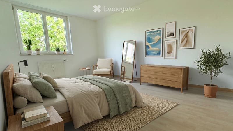 Modern, minimalist bedroom with a large bed, nightstand, armchair, mirror, small table, books, potted plants, and several artworks on the wall.