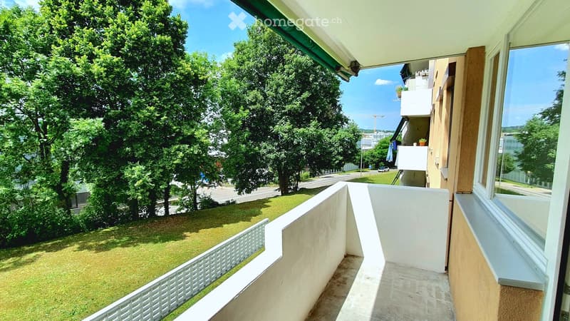 Balcony with white railings, overlooking a green lawn and trees, with a view of a road and buildings in the distance.