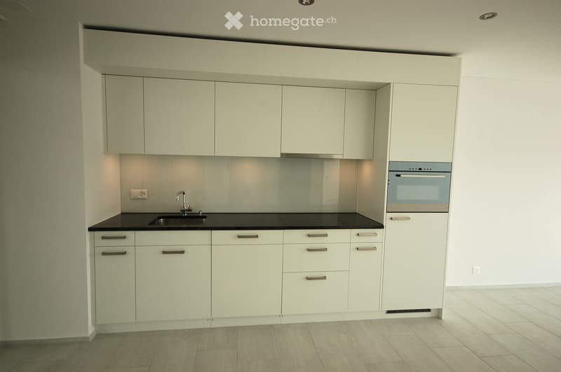 Modern kitchen with white cabinets, black countertop, sink, faucet, and built-in oven.