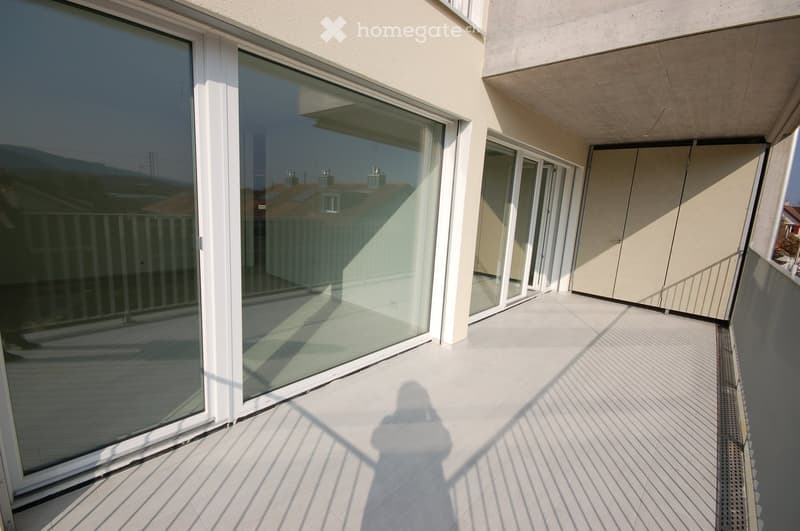 Modern balcony with large glass sliding doors, white metal railing, and tiled floor. The balcony offers a view of the surrounding area and has a clean, contemporary design.