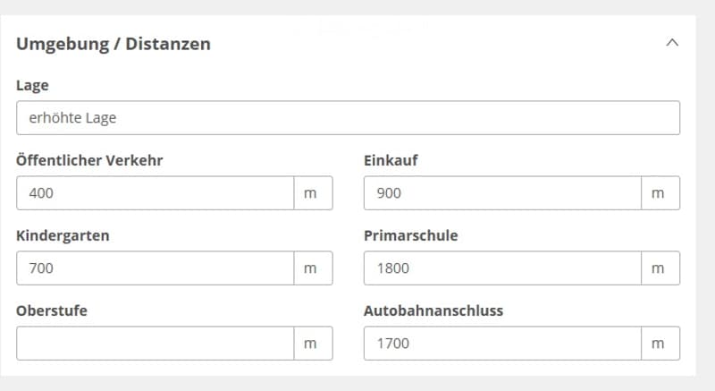 A screenshot of a property listing showing location details and distances to public transport, shopping, kindergarten, primary school, high school, and highway access.