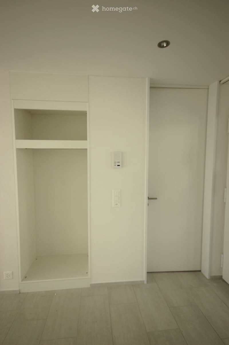 Empty room with light-colored walls, wooden flooring, and built-in shelving unit on one wall. No furniture or personal items present.
