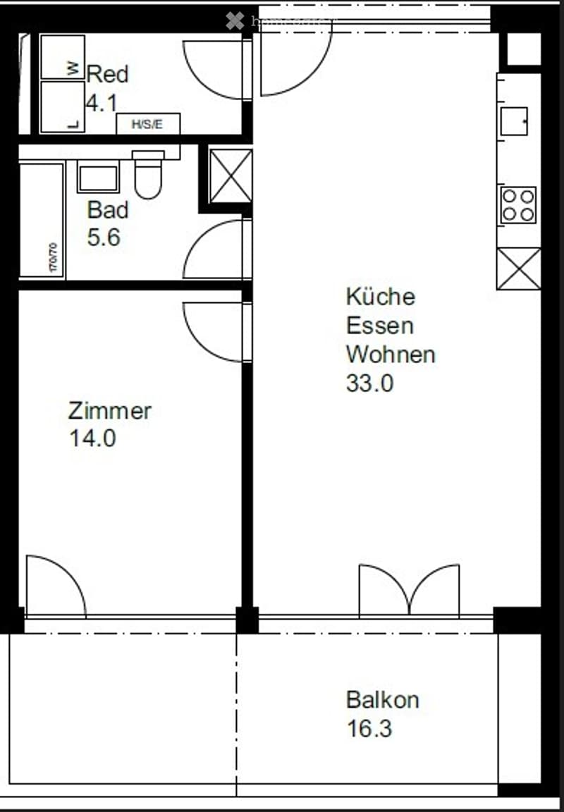 Floor plan showing a combined kitchen, dining, and living area (33.0 m²), a bedroom (14.0 m²), a bathroom (5.6 m²), a balcony (16.3 m²), and a red area (4.1 m²).