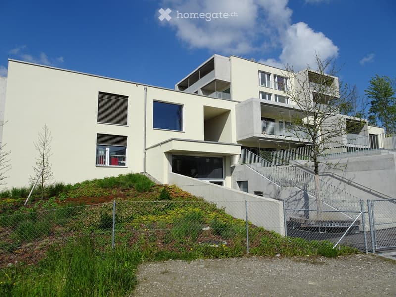 Modern, multi-story building with white facade, large windows, and a raised ground floor, surrounded by greenery and a fence.