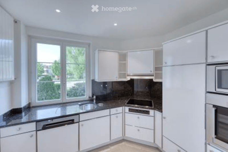 Modern kitchen with white cabinets, black countertops, stainless steel appliances, and large windows.