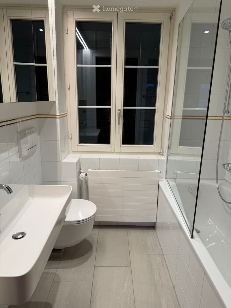 Modern bathroom with white tiles, a large sink, toilet, bathtub with glass enclosure, and a radiator.