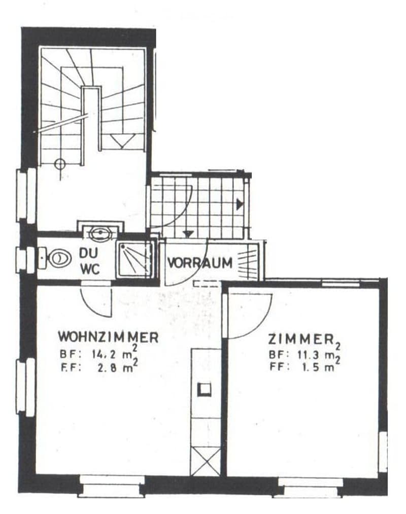 Floor plan of a small apartment with a living room, bedroom, hallway, and bathroom.