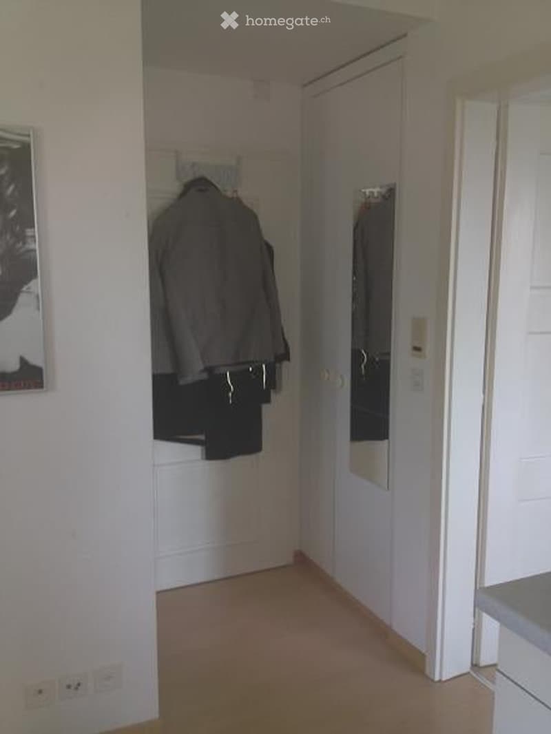 A narrow hallway with a coat rack on the left and a mirrored closet on the right. The floor is light-colored wood, and the walls are white.
