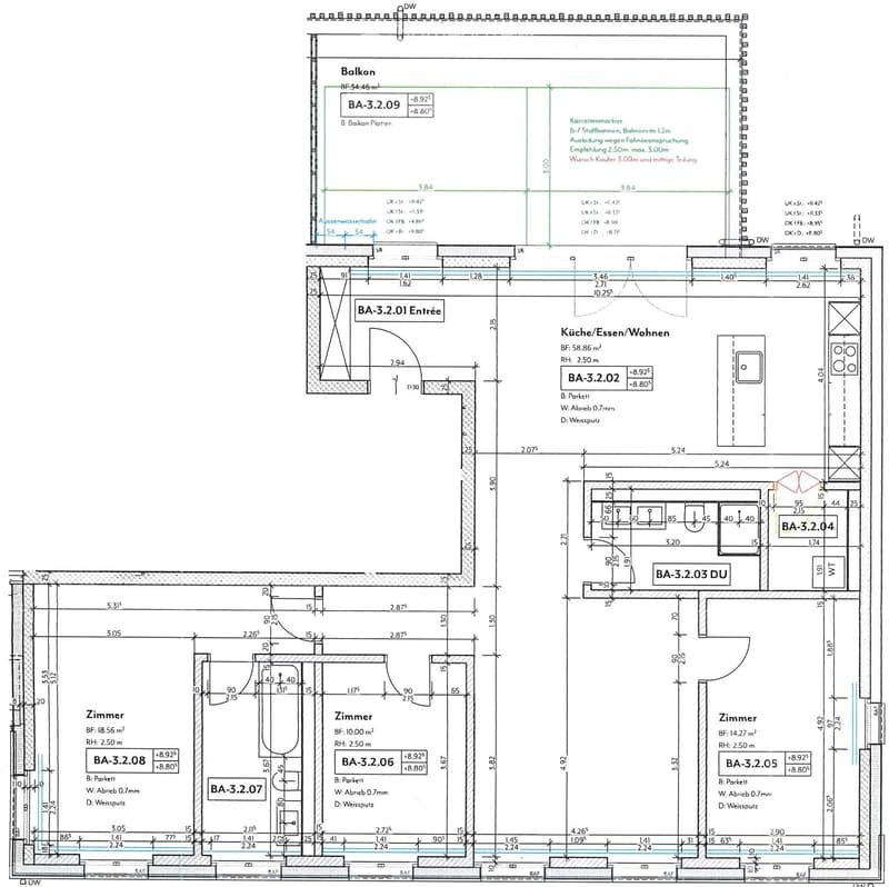 Floor plan showing a kitchen, living/dining area, three bedrooms, and a balcony.