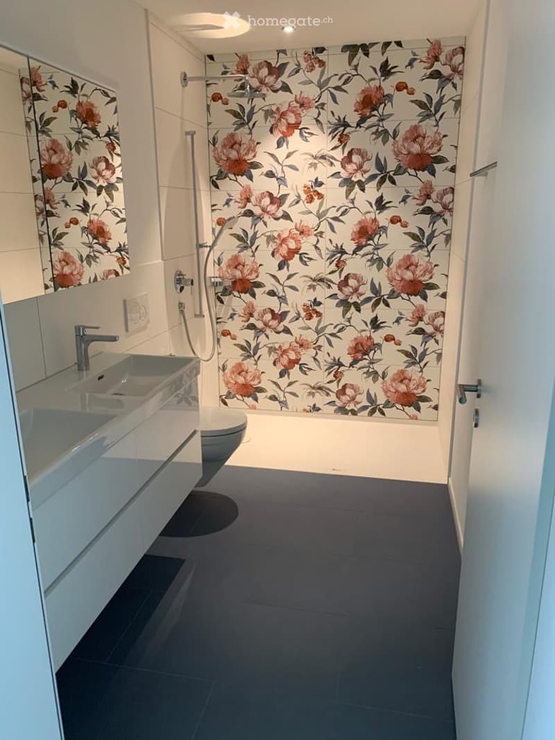 Modern bathroom with dark grey tiles, floral-patterned shower wall, white sink, toilet, and mirror.