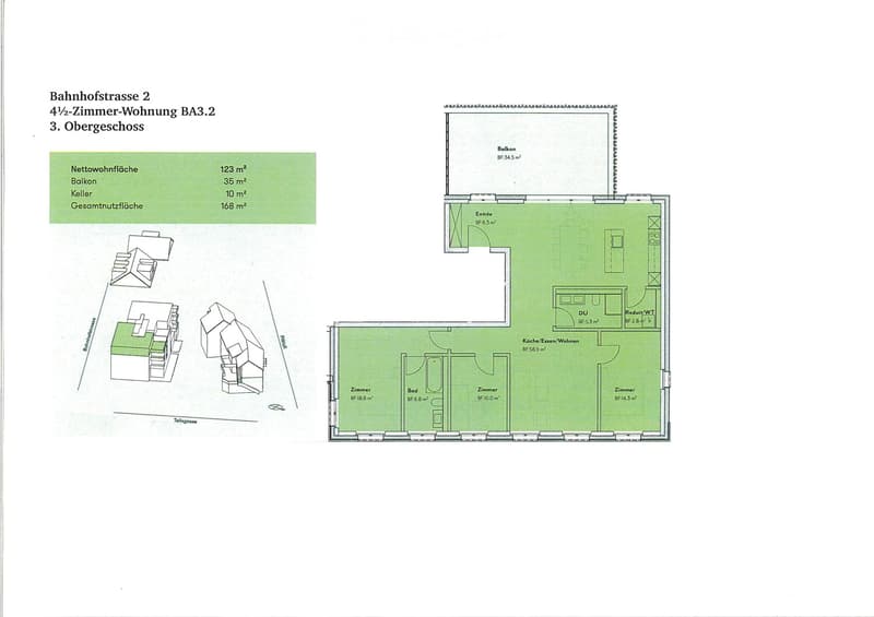 Floor plan of a 4.5-room apartment on the third upper floor, including a living/dining area, three bedrooms, a bathroom, and a balcony.
