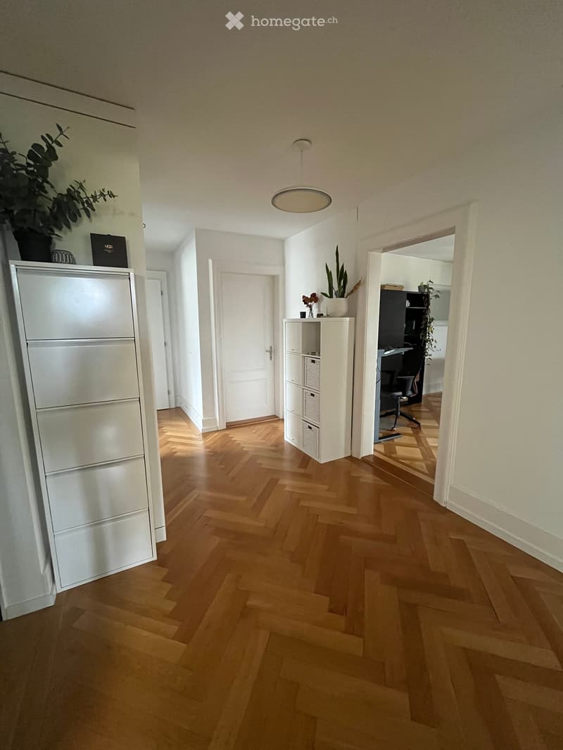 Spacious hallway with wooden flooring, white walls, and several doors leading to different rooms. Features a white cabinet, a small shelf with plants, and a hanging light fixture.