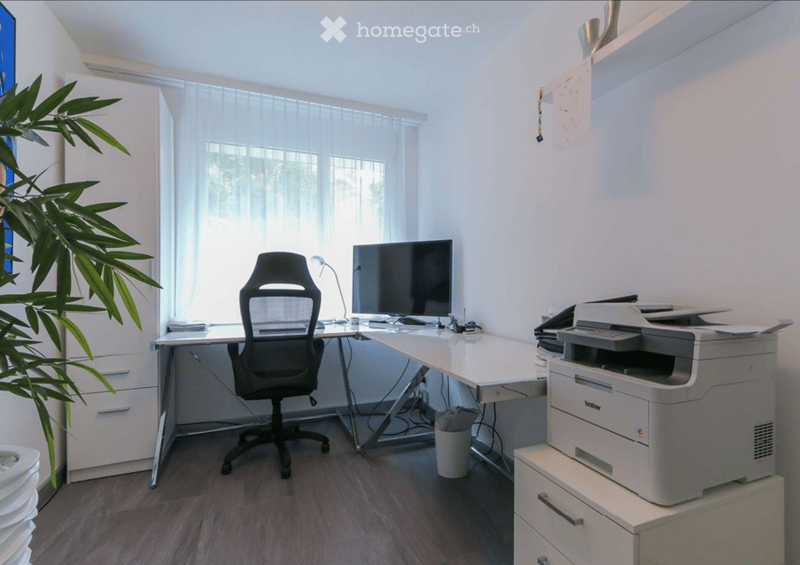 Desk with a chair, monitor, lamp, and printer. Shelves with plants, a colorful paper on the wall, and window with white curtains. Wooden floor and white walls.