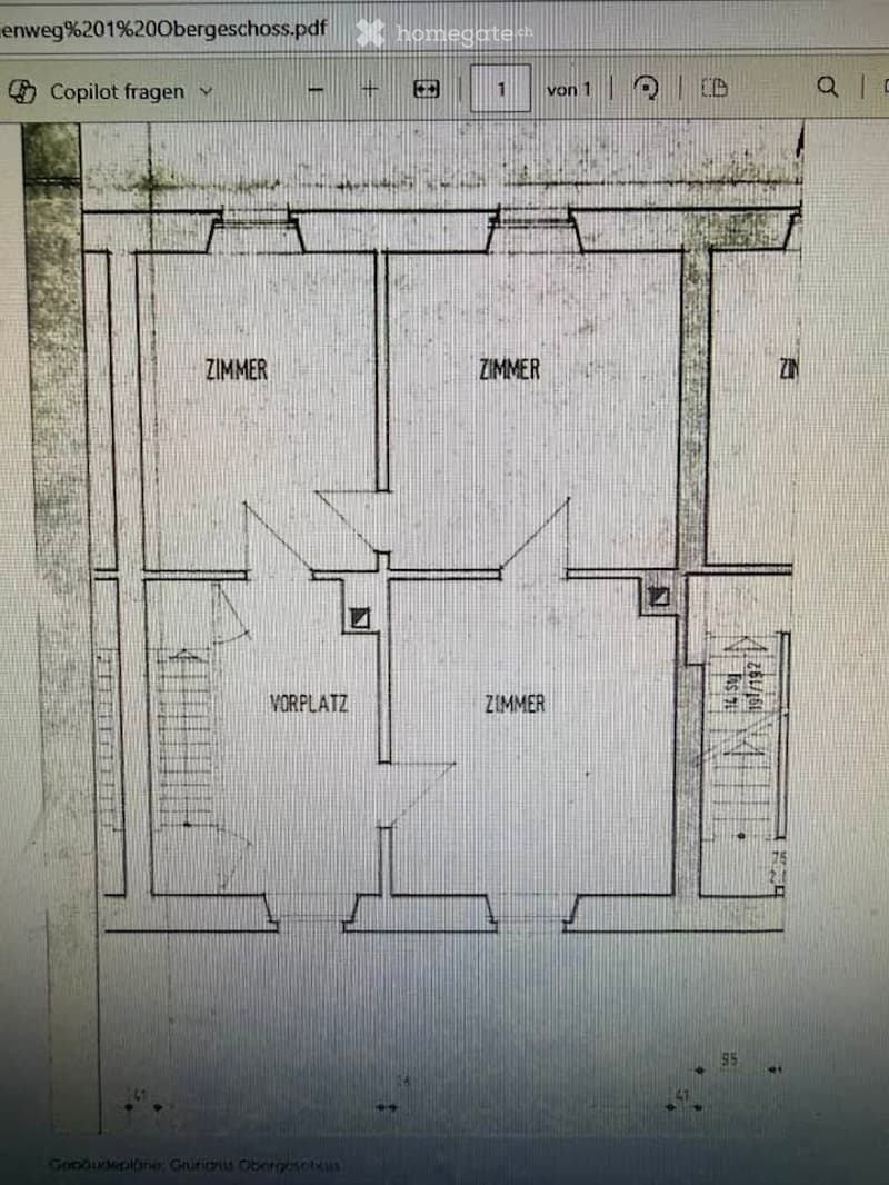 Floor plan showing three rooms and a hallway, labeled in German as "Zimmer" (room) and "Vorplatz" (hallway).