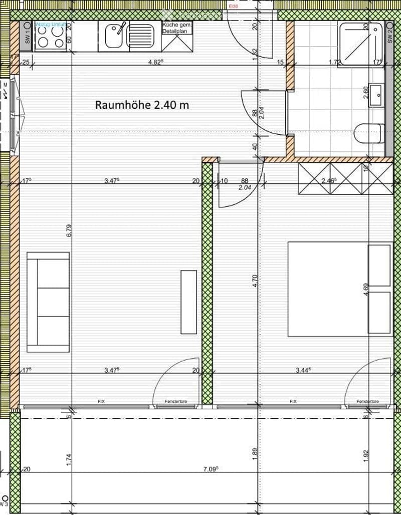 Floor plan of a residential space showing a kitchen area, living space, and several rooms with dimensions and wall details.