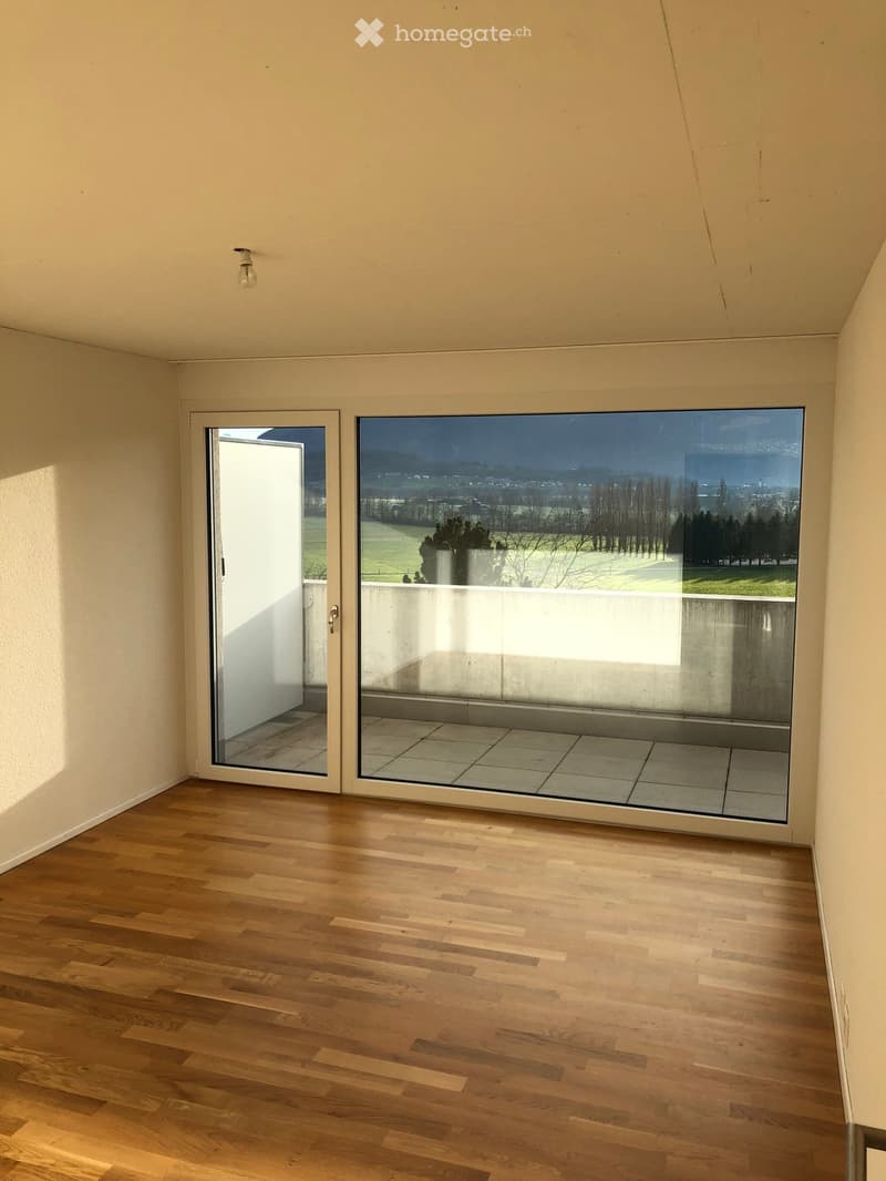Empty room with wooden flooring, large glass sliding doors leading to a balcony with scenic view.