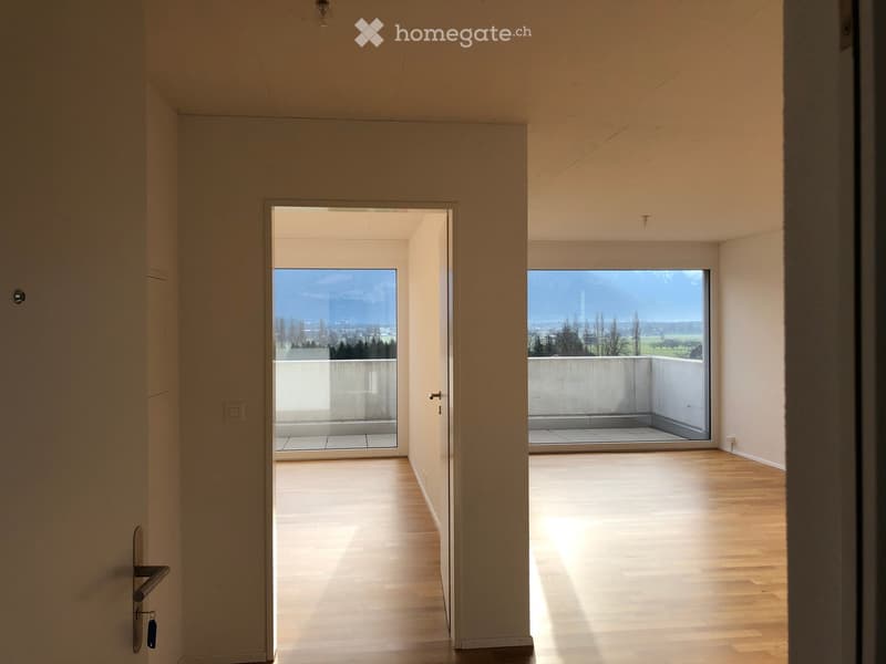 Bright, minimalist hallway with wooden flooring, leading to two large windows offering scenic views.