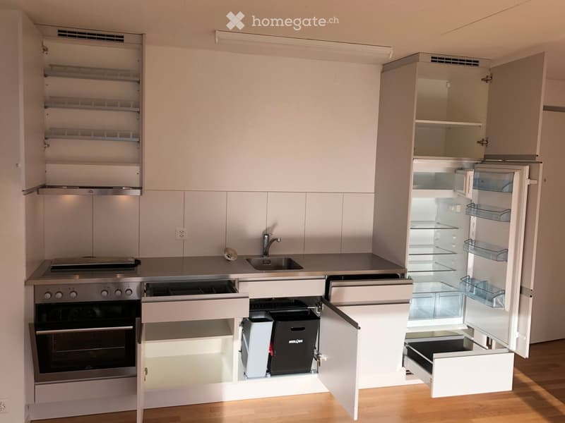 Modern kitchen with white cabinets, stainless steel appliances, and a built-in refrigerator. The oven and sink are visible, with open cabinets showing storage space.