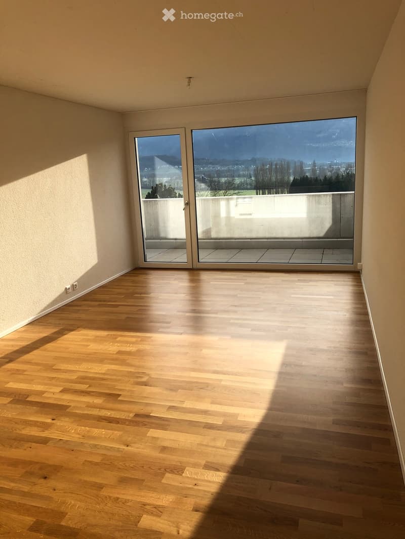 Empty room with wooden flooring, large glass sliding doors leading to a balcony with a scenic view.