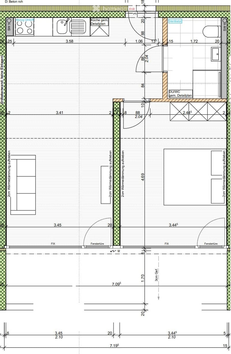 Floor plan showing a kitchen, bathroom, and living area with dimensions and labels for walls, windows, and ventilation.