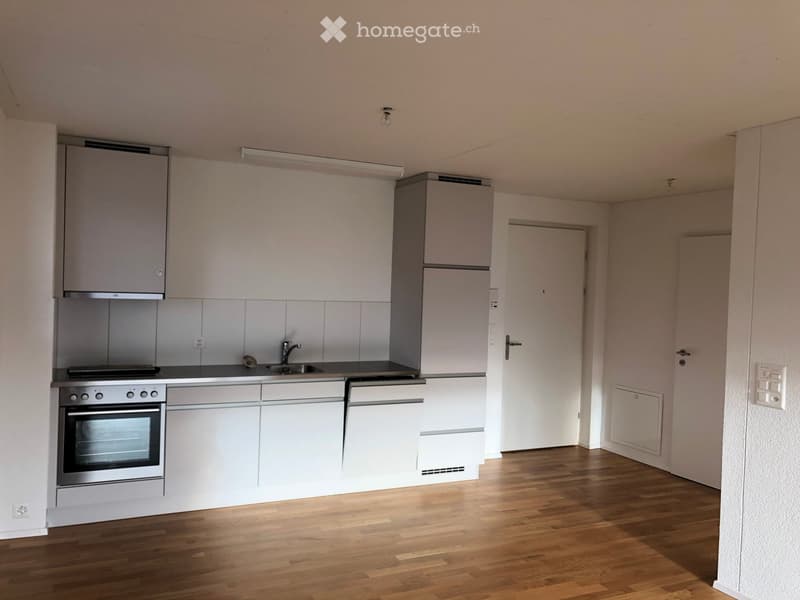 Modern kitchen with white cabinets, stainless steel oven, sink, and faucet, featuring wooden flooring and neutral-colored walls.