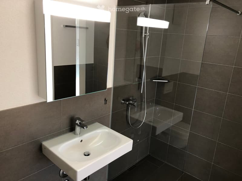 Modern bathroom with a white sink, chrome faucet, illuminated mirror, and a glass-enclosed shower area.