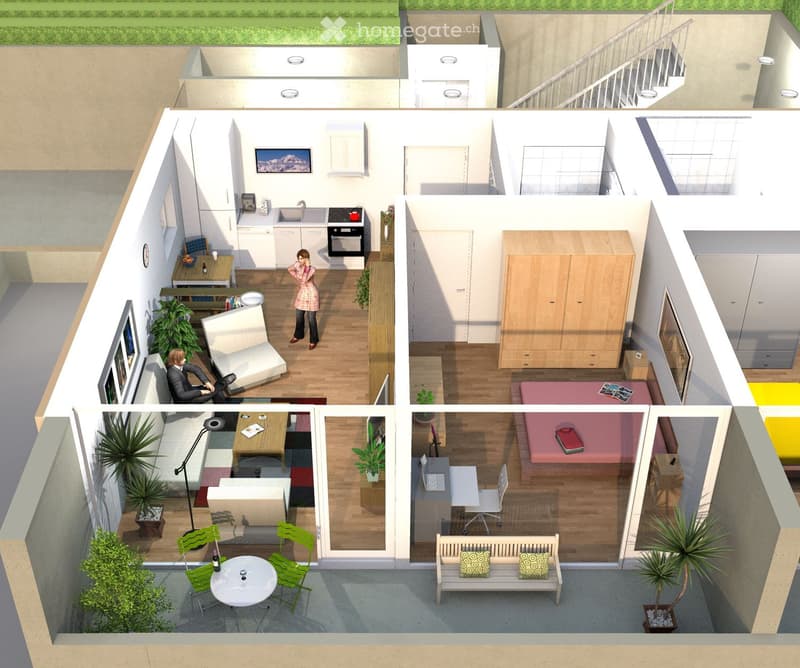 Layout of a modern apartment with a living room, kitchen, bedroom, and balcony. Includes a staircase leading to an upper level with additional rooms.