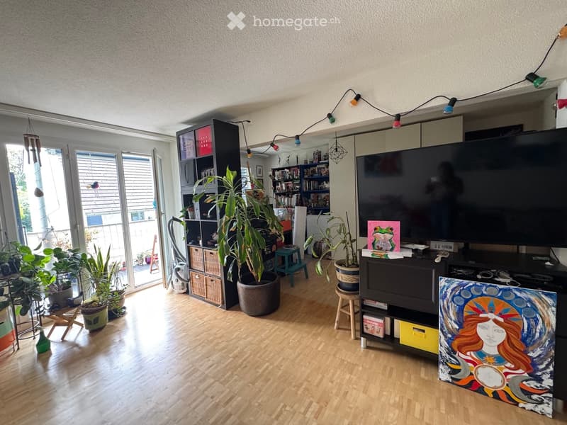 Bright living room with wooden flooring, large windows, and a balcony view. Features a sofa, coffee table, bookshelf, potted plants, and a television.