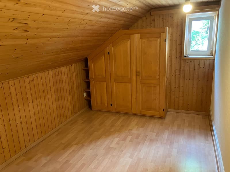 Empty attic room with wooden walls, wooden floor, built-in closet, and a window with a view of greenery.