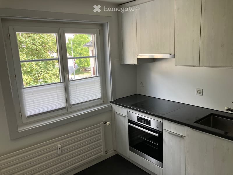 Modern kitchen with white cabinets, black countertop, induction stove, oven, and sink. Large window with blinds offers a view of greenery outside.