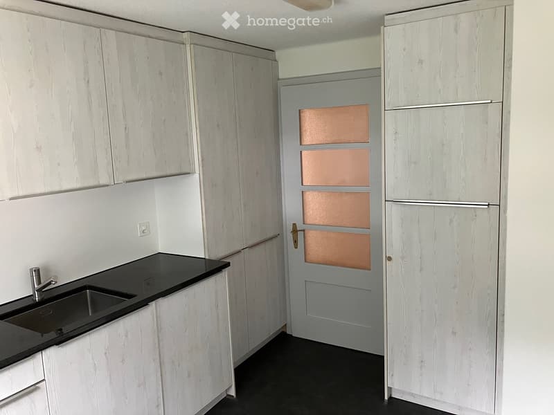 Empty kitchen with white wooden cabinets, black countertop, sink, and a door with frosted glass panels.