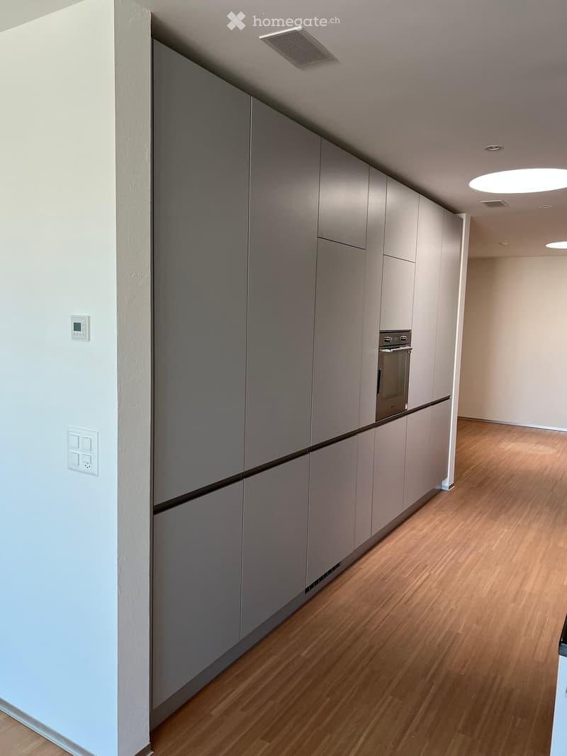 Modern hallway with light grey cabinets, wooden flooring, and recessed lighting. The space is clean and minimalistic with a built-in oven visible at the end.