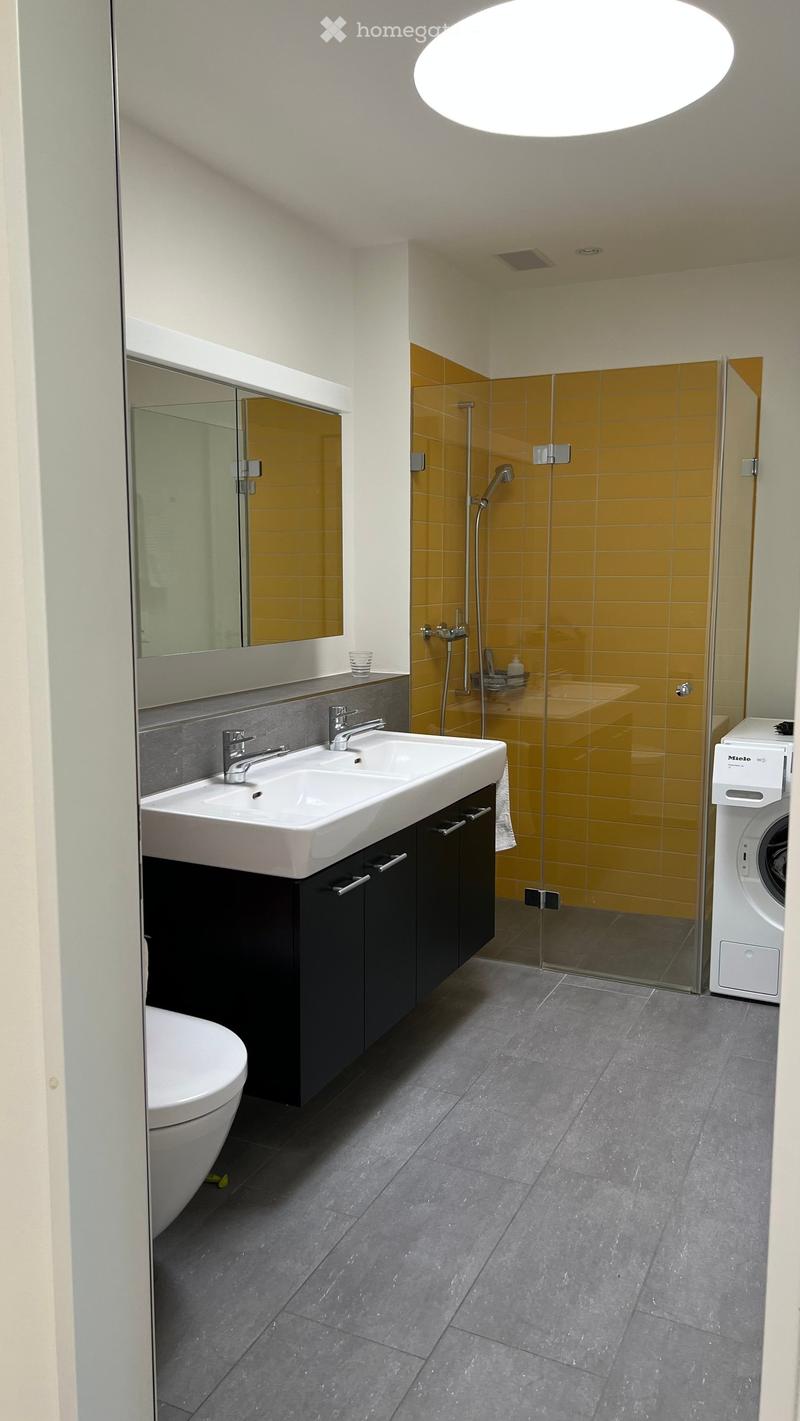 Modern bathroom with double sink, large mirror, glass-enclosed shower, and washing machine.