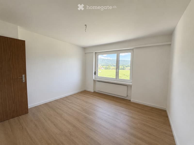 Empty room with light wooden flooring, white walls, a large window with a scenic view, and a radiator below the window.