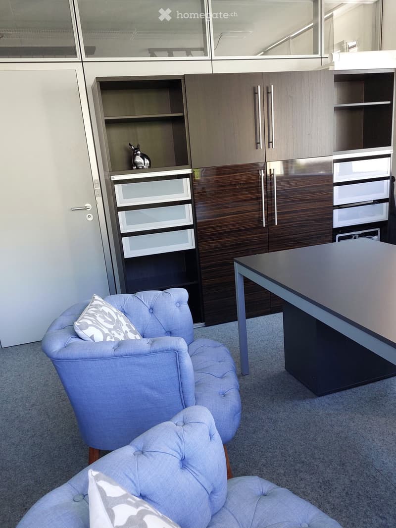Modern, furnished room with a light blue sofa, a sleek black table, and a tall cabinet with glass doors and drawers.