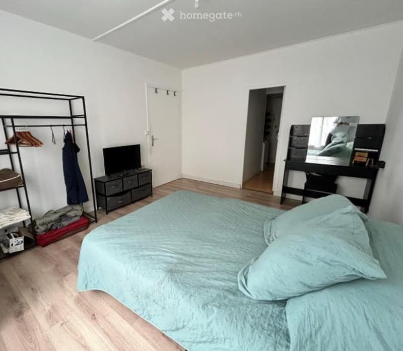 A modern, well-lit bedroom with a large bed, a mirror, a desk, a chair, a wardrobe, a television, and a storage unit.