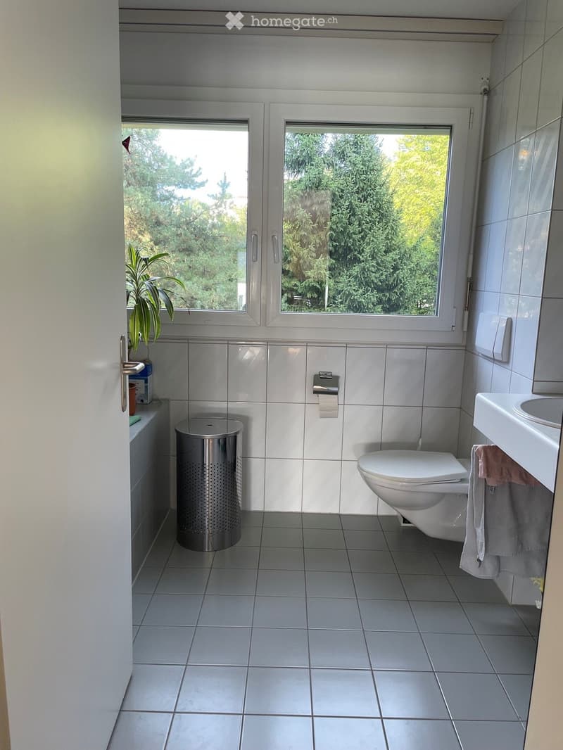 Modern bathroom with white tiles, a toilet, sink, towel, and a small plant near the window.