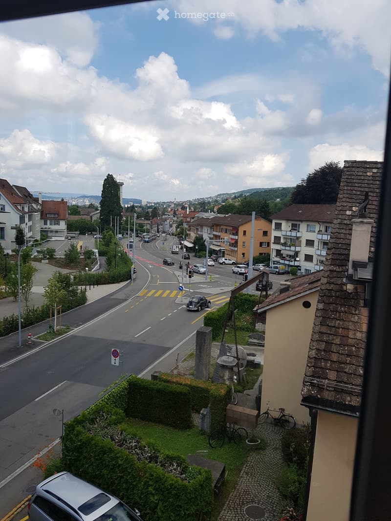 urban view from a high-rise window, cars, buildings, greenery, road