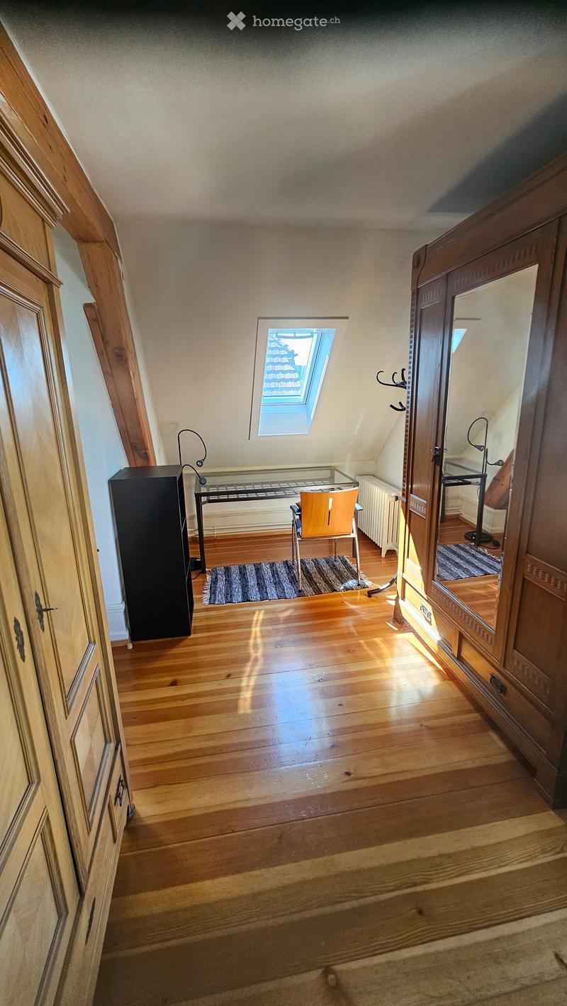 Wooden beams, wooden floor, white walls, wooden wardrobe with mirror, wooden chair, rug, desk, black speaker, window, skylight