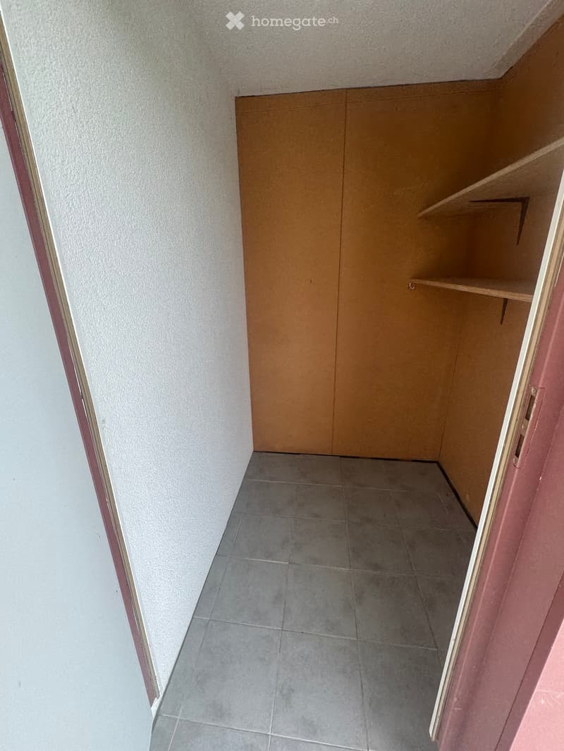 Empty room with tiled floor, white walls, and a wooden closet with shelves.