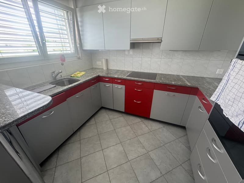 Modern kitchen with grey and red cabinets, granite countertops, and a stainless steel sink.