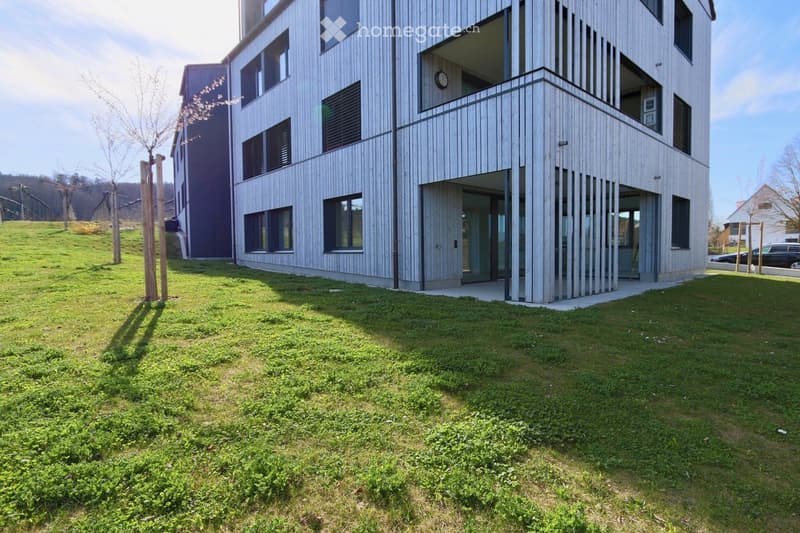 Modern multi-story building with wooden facade, large windows, and a raised ground floor entrance. The surrounding area features a grassy lawn and a few trees.