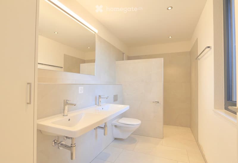 Modern bathroom with double sink, toilet, large mirror, and sleek fixtures.