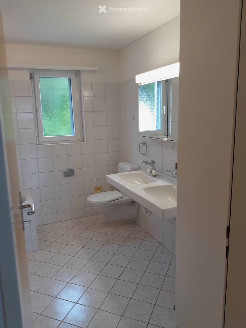 Modern bathroom with white tiles, a double sink, toilet, and a large mirror above the sink. The room features frosted glass windows and a towel rack on the wall.