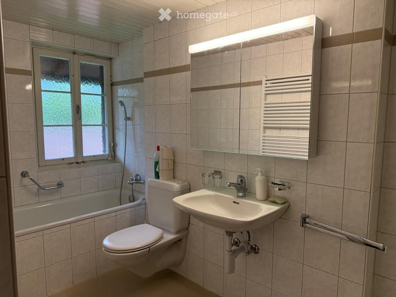 Bathroom with beige tiled walls and floor, featuring a toilet, sink, bathtub, mirror with built-in lighting, towel rack, and cleaning supplies.