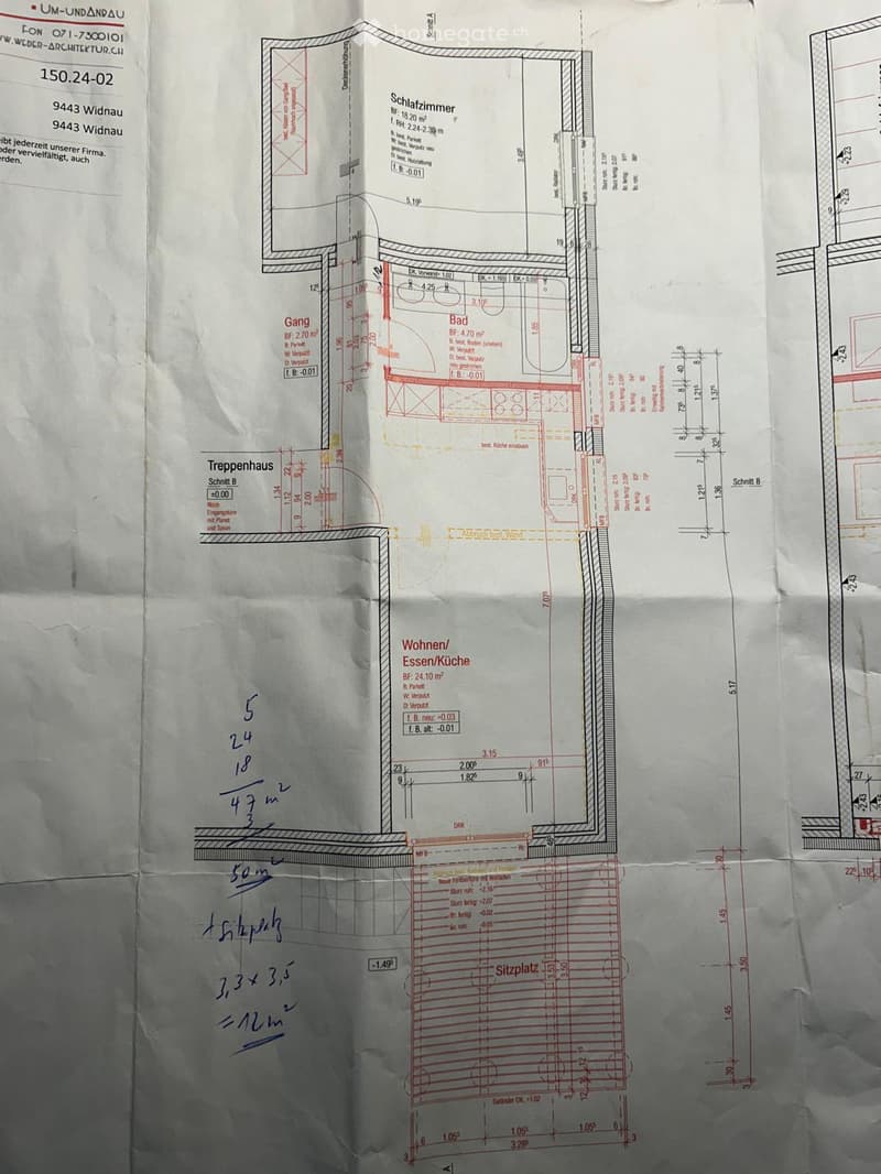Floor plan with sections labeled for different rooms, dimensions for each section, and areas designated for various installations
