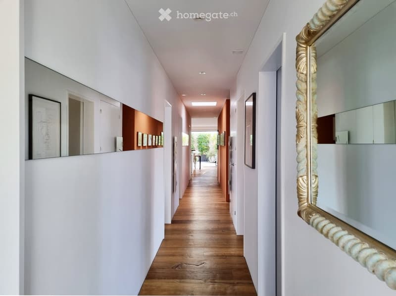 Modern hallway with wooden flooring, white walls, recessed lighting, and decorative mirrors on either side.