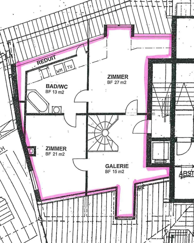 Floor plan showing a layout with a bathroom/WC, two bedrooms, a gallery, and a hallway.