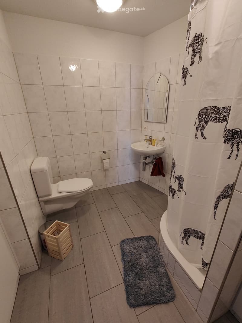 Small bathroom with white tiled walls, a toilet, a sink with a mirror, a bathtub with a shower curtain, a bathrobe, a bathroom rug, and a wooden crate.