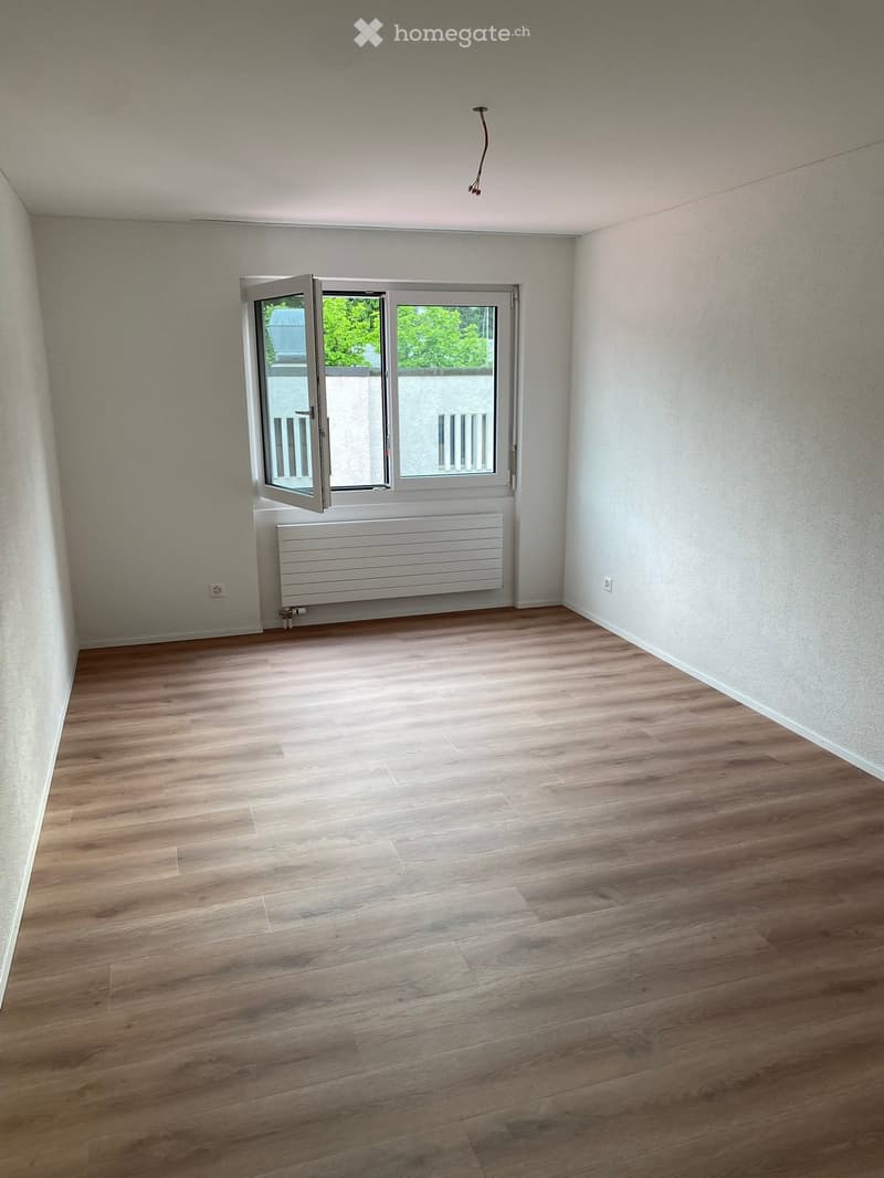 Empty room with wooden flooring, white walls, and a radiator under a window with a view of greenery outside.